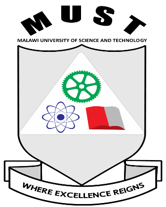 Logo of Malawi University of Science and Technology: The image shows a gray and black logo which mainly comprises of a large shield. Within the shield, a white triangle contains three elements - a green wheel above, a purple atom below, and an open gray and red book next to the right of the atom. Above the shield, the words "MALAWI UNIVERSITY OF SCIENCE AND TECHNOLOGY" is written in capitalised black text. Just above the text, the acronym of the university's name is written in bold and capitalised black text - MUST. Under the shield is written "WHERE EXCELLENCE REIGNS" in black.